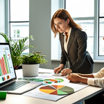 **

A diverse group of people analyzing charts and graphs depicting the performance of "green" investments. The setting is a modern, sunlit office with plants and renewable energy motifs. Emphasis on serious but hopeful expressions, suggesting careful consideration of both risks and opportunities in sustainable finance. Focus on ESG ratings display prominently.

**