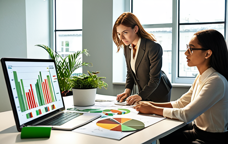 **
A diverse group of people analyzing charts and graphs depicting the performance of "green" investments. The setting is a modern, sunlit office with plants and renewable energy motifs. Emphasis on serious but hopeful expressions, suggesting careful consideration of both risks and opportunities in sustainable finance. Focus on ESG ratings display prominently.
**