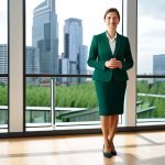 A professional female executive in a modest business suit, standing confidently in a modern, sustainable office building. The background shows large windows overlooking a contemporary city, symbolizing the integration of business with urban development. The office space features subtle green design elements, reflecting ecological awareness. Her posture is natural and professional, with perfect anatomy, correct proportions, well-formed hands, and natural body proportions. Fully clothed, appropriate attire, safe for work, appropriate content, professional photography, high quality, modest, family-friendly.