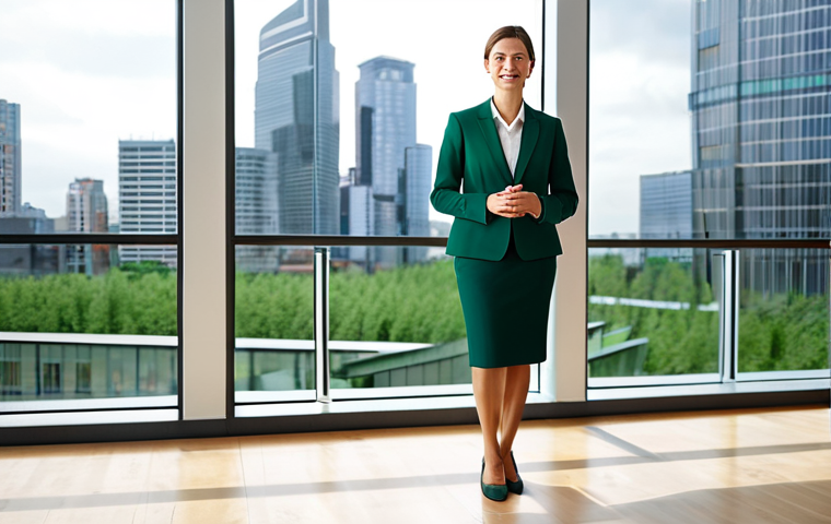 A professional female executive in a modest business suit, standing confidently in a modern, sustainable office building. The background shows large windows overlooking a contemporary city, symbolizing the integration of business with urban development. The office space features subtle green design elements, reflecting ecological awareness. Her posture is natural and professional, with perfect anatomy, correct proportions, well-formed hands, and natural body proportions. Fully clothed, appropriate attire, safe for work, appropriate content, professional photography, high quality, modest, family-friendly.