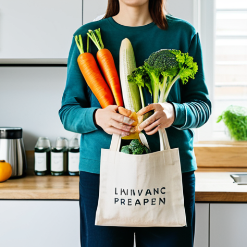 Home 22 A person, fully clothed in modest, comfortable casual wear, stands in a brightly lit modern kitchen. They are holding a reusable canvas shopping bag overflowing with fresh, organic vegetables and fruits, and a sleek reusable water bottle. In the background, clearly labeled bins for recycling (paper, plastic, glass) are neatly arranged. The scene embodies responsible living, showcasing everyday eco-conscious habits. perfect anatomy, correct proportions, natural pose, well-formed hands, proper finger count, natural body proportions, professional photography, high resolution, safe for work, appropriate content, fully clothed, modest, family-friendly.
