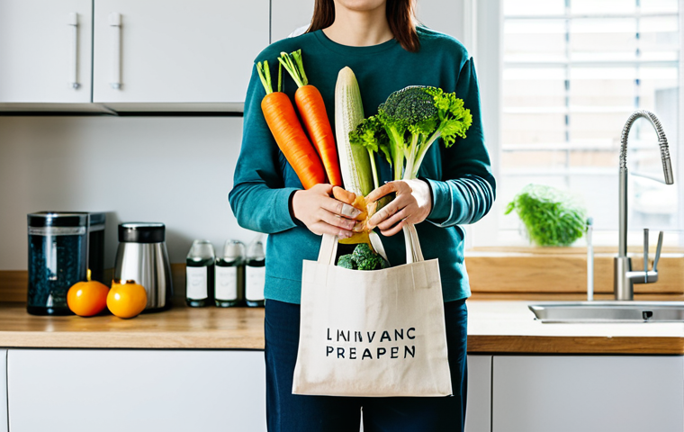 A person, fully clothed in modest, comfortable casual wear, stands in a brightly lit modern kitchen. They are holding a reusable canvas shopping bag overflowing with fresh, organic vegetables and fruits, and a sleek reusable water bottle. In the background, clearly labeled bins for recycling (paper, plastic, glass) are neatly arranged. The scene embodies responsible living, showcasing everyday eco-conscious habits. perfect anatomy, correct proportions, natural pose, well-formed hands, proper finger count, natural body proportions, professional photography, high resolution, safe for work, appropriate content, fully clothed, modest, family-friendly.