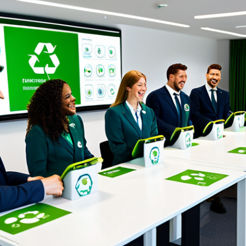 Home 21 Green Branding Success**
"A bustling modern office scene, featuring employees actively sorting recycling into clearly labeled bins. In the background, a large screen displays positive environmental metrics and the company logo with a prominent 'Eco-Friendly' badge. A diverse group of colleagues are smiling and collaborating. Everyone is fully clothed in professional business attire, safe for work, appropriate content, perfect anatomy, natural proportions, professional, modest, family-friendly. The overall atmosphere is bright, optimistic, and conveys a strong commitment to sustainability. High-quality rendering, realistic style."
**