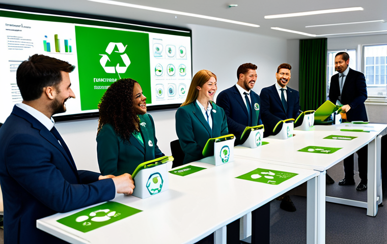 Green Branding Success**
"A bustling modern office scene, featuring employees actively sorting recycling into clearly labeled bins. In the background, a large screen displays positive environmental metrics and the company logo with a prominent 'Eco-Friendly' badge. A diverse group of colleagues are smiling and collaborating. Everyone is fully clothed in professional business attire, safe for work, appropriate content, perfect anatomy, natural proportions, professional, modest, family-friendly. The overall atmosphere is bright, optimistic, and conveys a strong commitment to sustainability. High-quality rendering, realistic style."
**