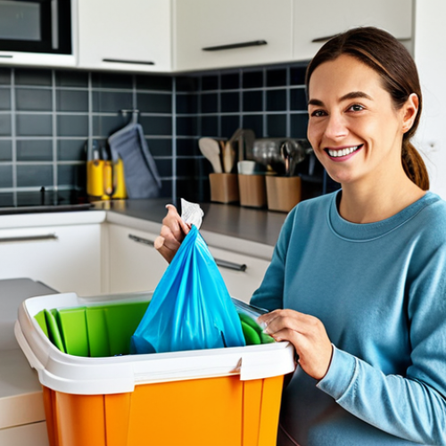 Home 20 **
"A woman in comfortable, modest clothing is carefully sorting household waste into separate colorful bins for plastic, paper, and organic materials in a bright, modern kitchen. She is smiling slightly with a sense of accomplishment. In the background, reusable shopping bags hang neatly on hooks. Safe for work, appropriate content, fully clothed, professional photography, perfect anatomy, natural proportions, family-friendly, high resolution."
**