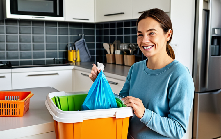 **
"A woman in comfortable, modest clothing is carefully sorting household waste into separate colorful bins for plastic, paper, and organic materials in a bright, modern kitchen. She is smiling slightly with a sense of accomplishment. In the background, reusable shopping bags hang neatly on hooks. Safe for work, appropriate content, fully clothed, professional photography, perfect anatomy, natural proportions, family-friendly, high resolution."
**