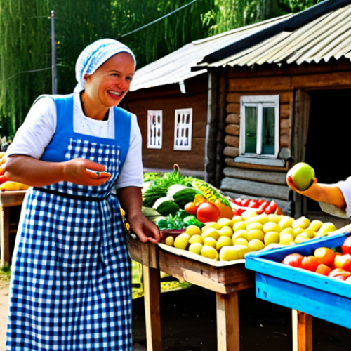 Home 19 **
"A vibrant farmers market scene in a sunny Russian village. A woman in a modest, traditional dress is selecting fresh produce from a vendor's stall overflowing with colorful fruits and vegetables. Children are laughing and playing nearby. In the background, wooden houses line the street. Focus on sustainable living and locally sourced food. Safe for work, appropriate content, fully clothed, family-friendly, professional photography, perfect anatomy, natural proportions, well-formed hands, proper finger count, natural body proportions."
**
