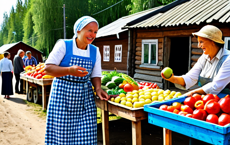 **
"A vibrant farmers market scene in a sunny Russian village. A woman in a modest, traditional dress is selecting fresh produce from a vendor's stall overflowing with colorful fruits and vegetables. Children are laughing and playing nearby. In the background, wooden houses line the street. Focus on sustainable living and locally sourced food. Safe for work, appropriate content, fully clothed, family-friendly, professional photography, perfect anatomy, natural proportions, well-formed hands, proper finger count, natural body proportions."
**