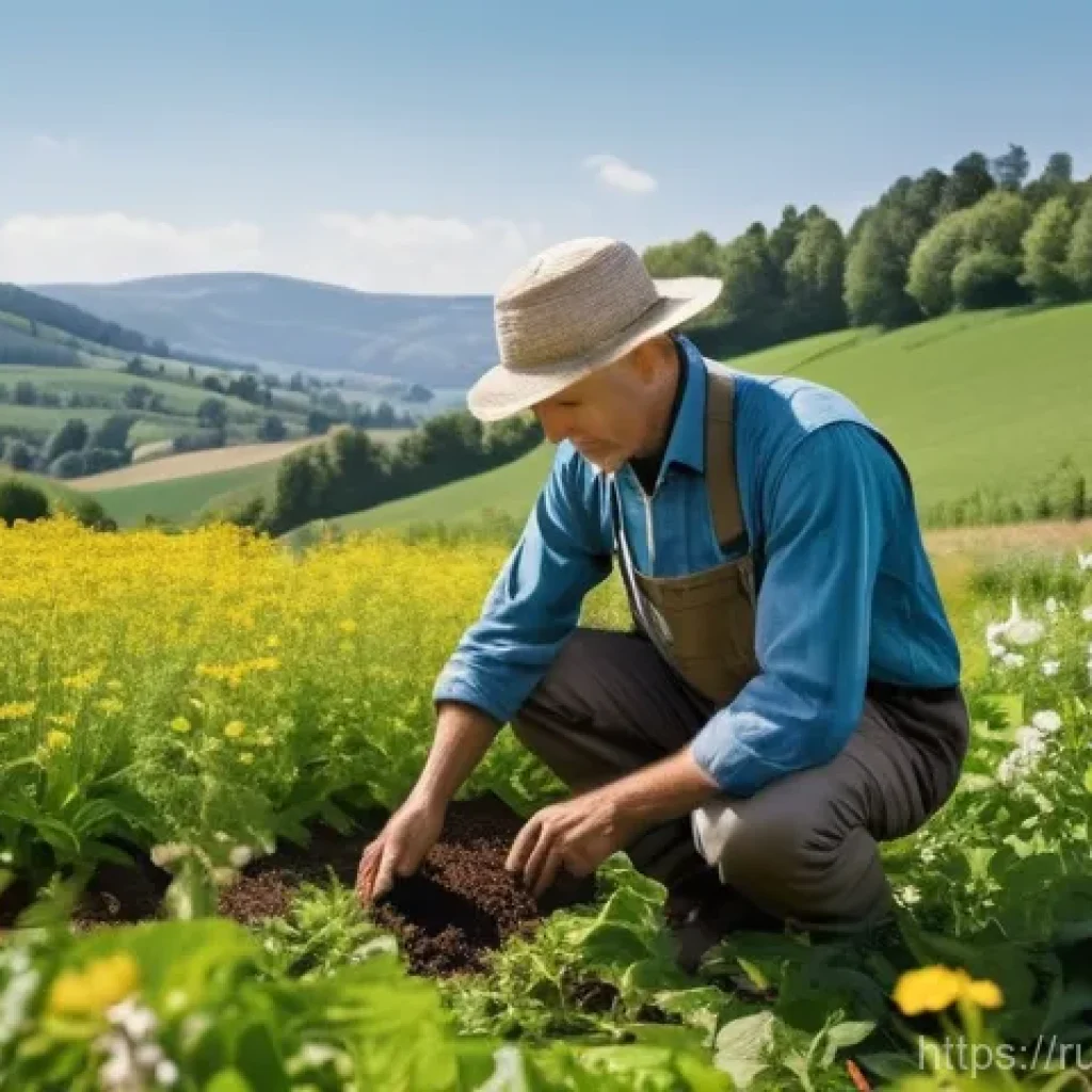 지속 가능한 농업과 식량 생산 - **Prompt 1: The Embrace of Healthy Soil and Biodiversity**
    "A wide-angle, sun-drenched pastoral ...