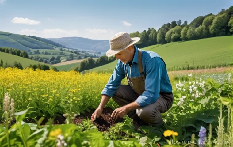 지속 가능한 농업과 식량 생산 - **Prompt 1: The Embrace of Healthy Soil and Biodiversity**
"A wide-angle, sun-drenched pastoral ...