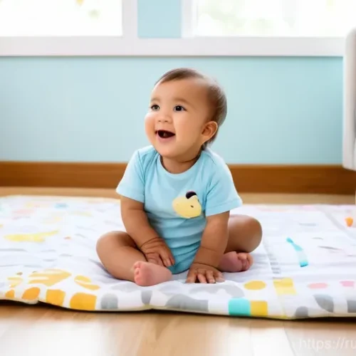 Home 28 물 부족 문제 해결 - A joyful toddler, around 18 months old, giggling as they sit on a soft, colorful playmat in a bright...