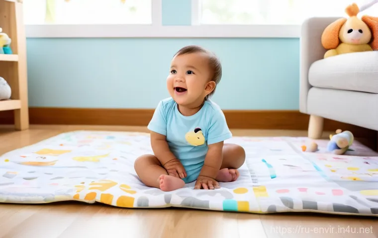 물 부족 문제 해결 - A joyful toddler, around 18 months old, giggling as they sit on a soft, colorful playmat in a bright...