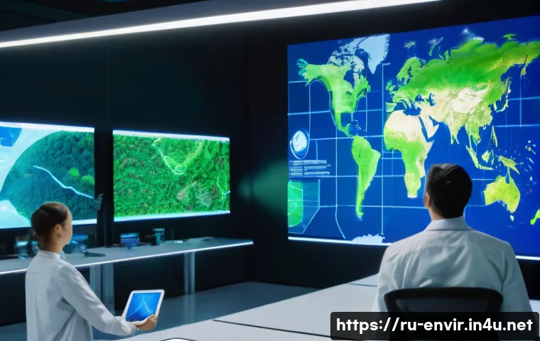 환경 연구 동향 - **Prompt:** A diverse group of young scientists and environmentalists, all dressed in clean, modern ...