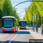 Home 20 녹색 교통 시스템 - A modern Russian city street scene featuring a sleek electric bus driving quietly along a clean, wid...