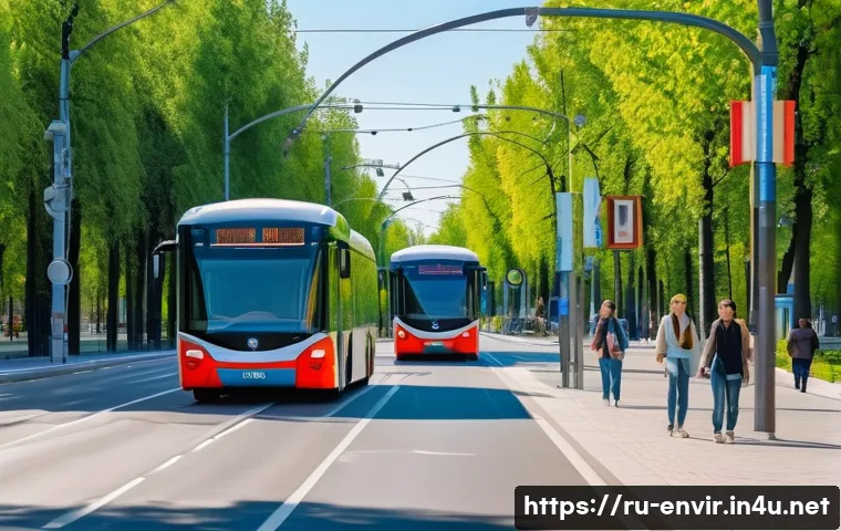 녹색 교통 시스템 - A modern Russian city street scene featuring a sleek electric bus driving quietly along a clean, wid...