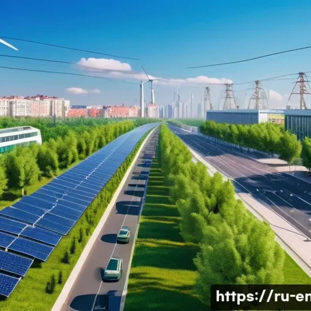 환경적 지속 가능성의 지표 - A detailed cityscape showing a modern Russian urban environment with eco-friendly features: solar pa...