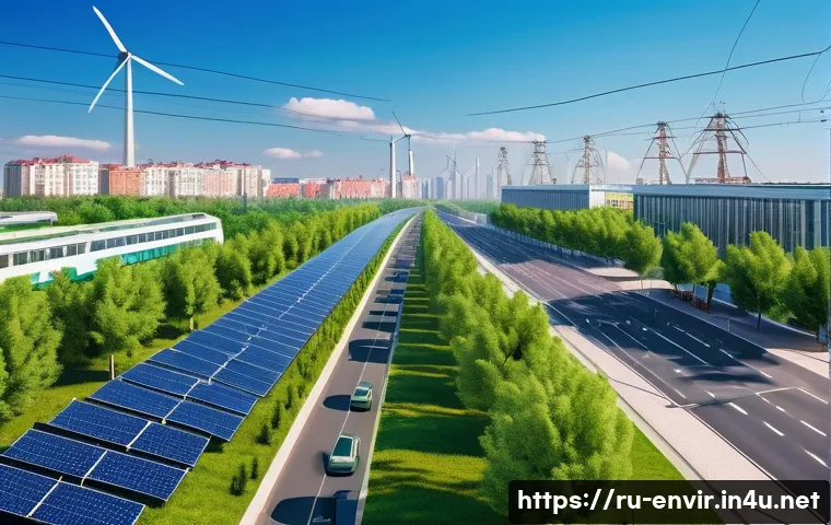 환경적 지속 가능성의 지표 - A detailed cityscape showing a modern Russian urban environment with eco-friendly features: solar pa...