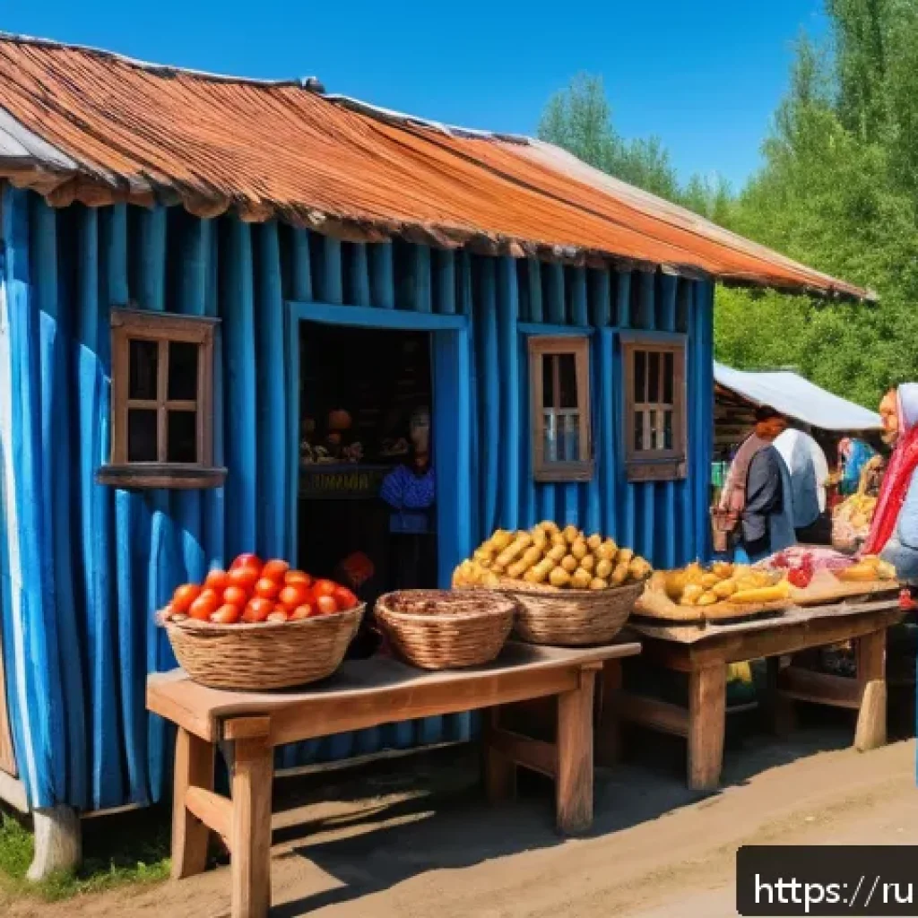 지속 가능한 관광 개발 - A vibrant scene of a small Russian village market showcasing local artisans selling handmade crafts ...