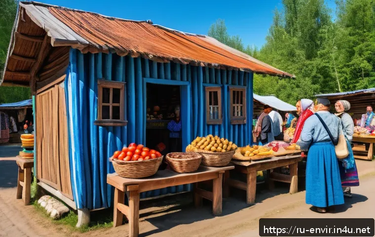 지속 가능한 관광 개발 - A vibrant scene of a small Russian village market showcasing local artisans selling handmade crafts ...