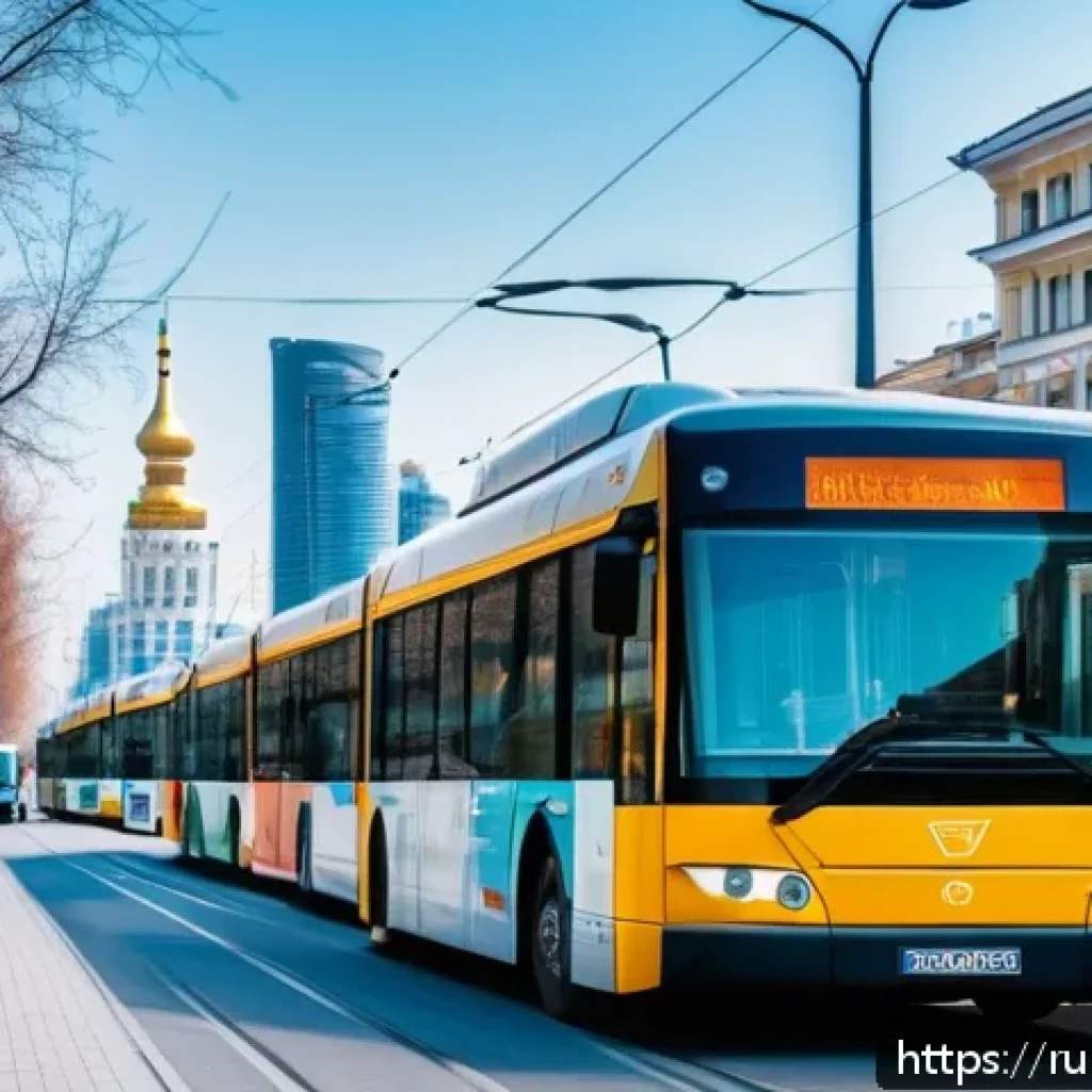 탄소 배출 저감을 위한 기술 개발 - A modern Russian urban street scene featuring electric buses and trams running quietly along wide ro...