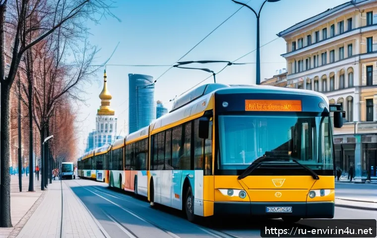 탄소 배출 저감을 위한 기술 개발 - A modern Russian urban street scene featuring electric buses and trams running quietly along wide ro...