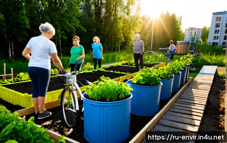 Home 17 지속 가능한 개발 목표 SDGs - Photorealistic wide-angle scene of a modern Russian urban community garden in early summer, diverse ...