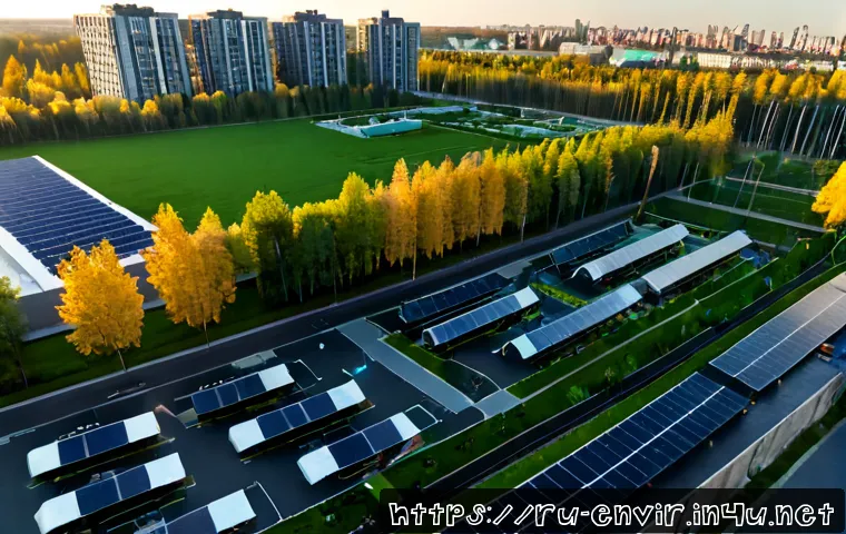 친환경 도시 계획 - Photorealistic aerial view of a sustainable Russian city district in early autumn, energy-efficient ...