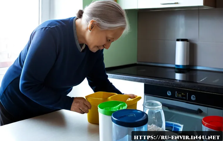 재활용 및 폐기물 관리 - Photorealistic bright apartment kitchen in a modern Russian city, an older adult carefully sorting c...